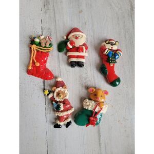 Vintage Clay Santa Claus stocking teddy bears magnet Xmas set‎ decor